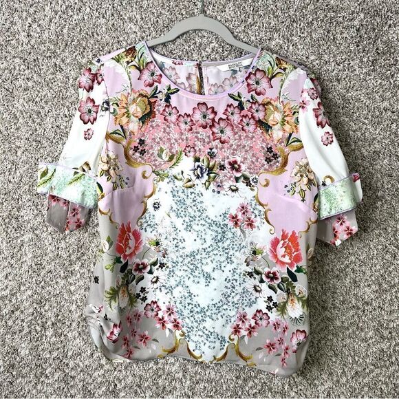 Badgley Mischka Top Women’s XS Pink & Gray Floral Print Short Bow Sleeve Blouse - Picture 1 of 7